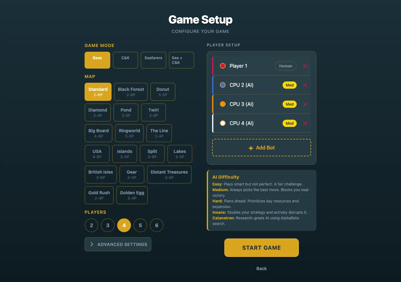 ColonyRush game setup with six AI difficulty descriptions, bot seats, and map choices