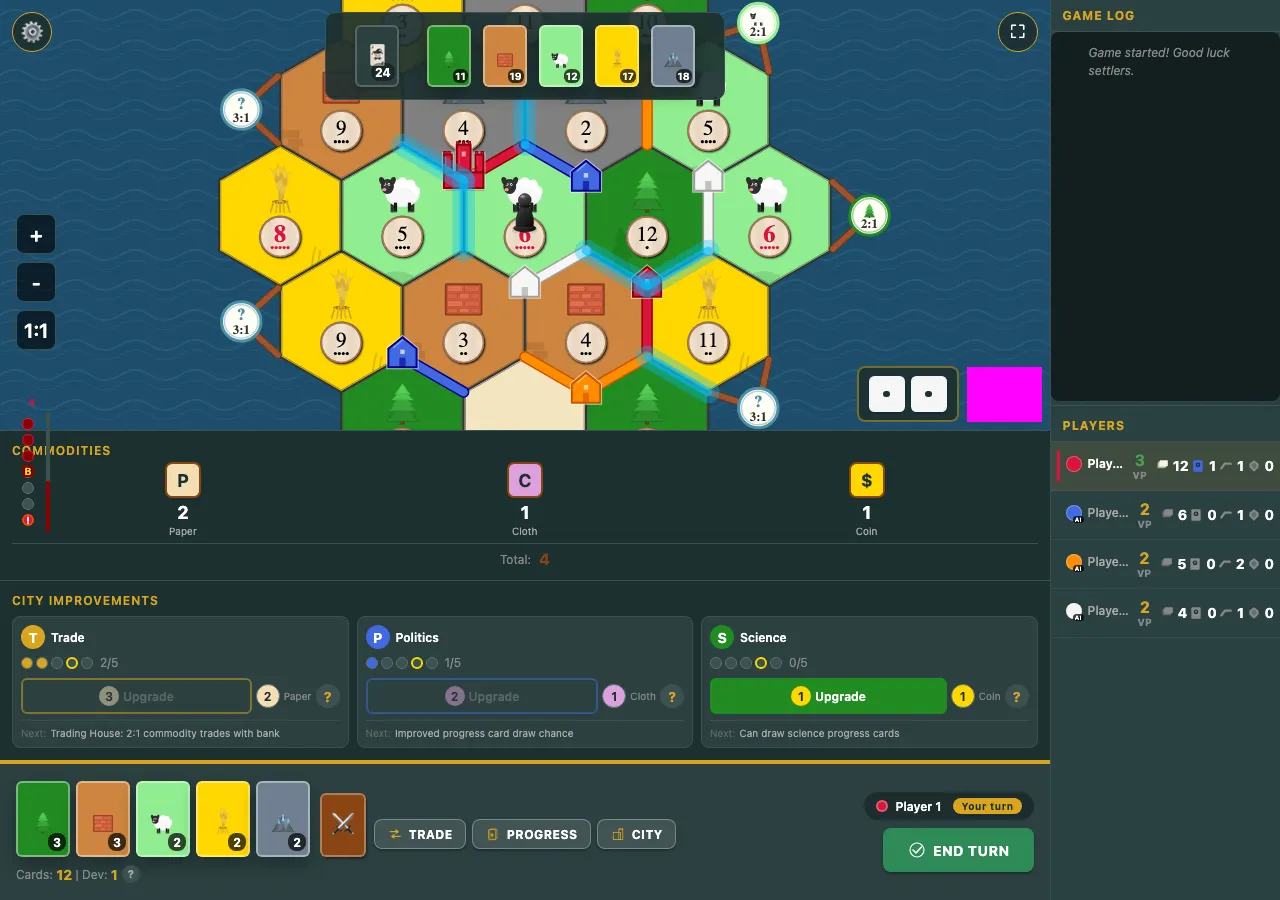 ColonyRush Cities and Knights match showing commodities, city improvements, and knights