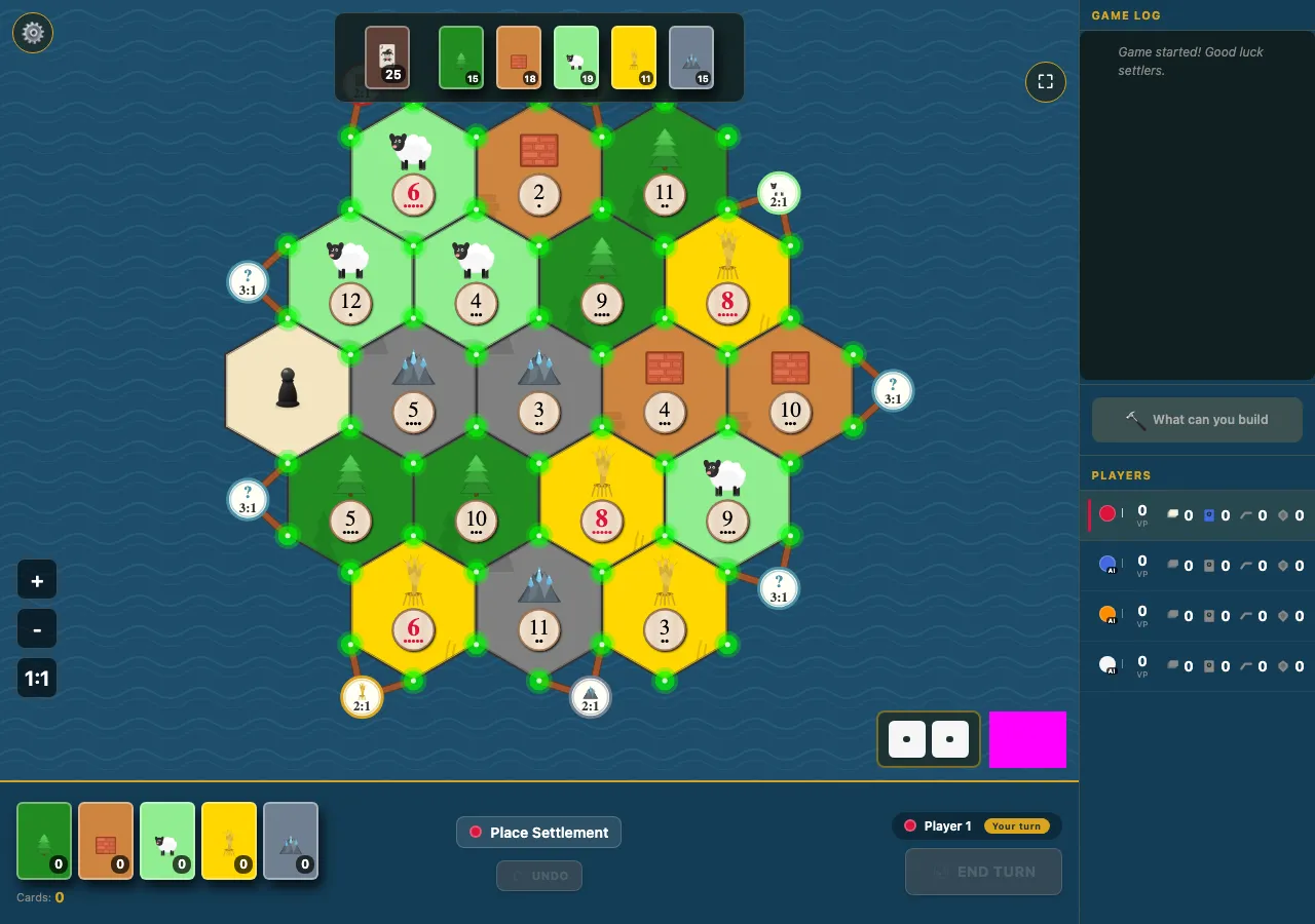 ColonyRush browser game showing a four-player match on a hex board