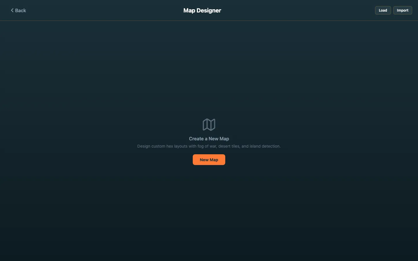 ColonyRush Map Designer screen with controls to create, load, or import a custom map